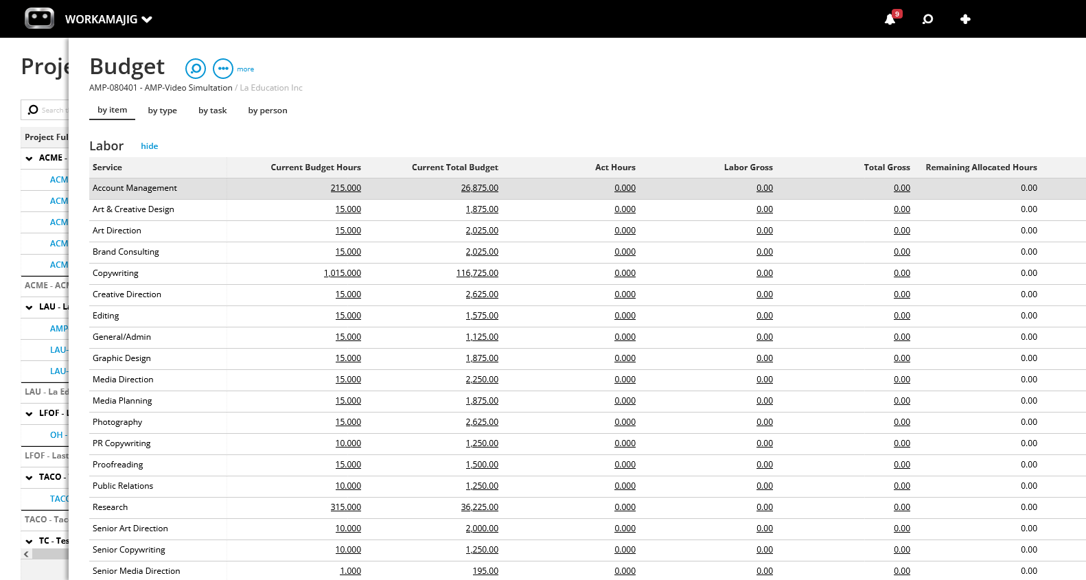 Budget: Labor by Item, Type, Task, Person