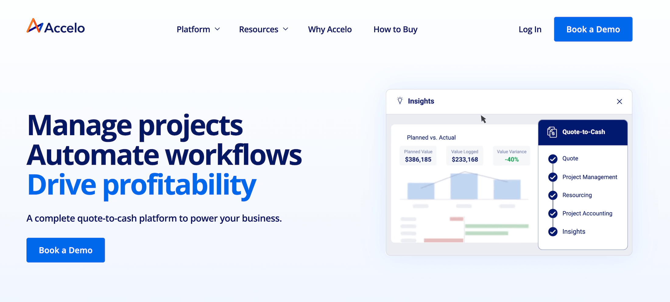 Accelo homepage: Manage projects, Automate workflows, Drive profitability
