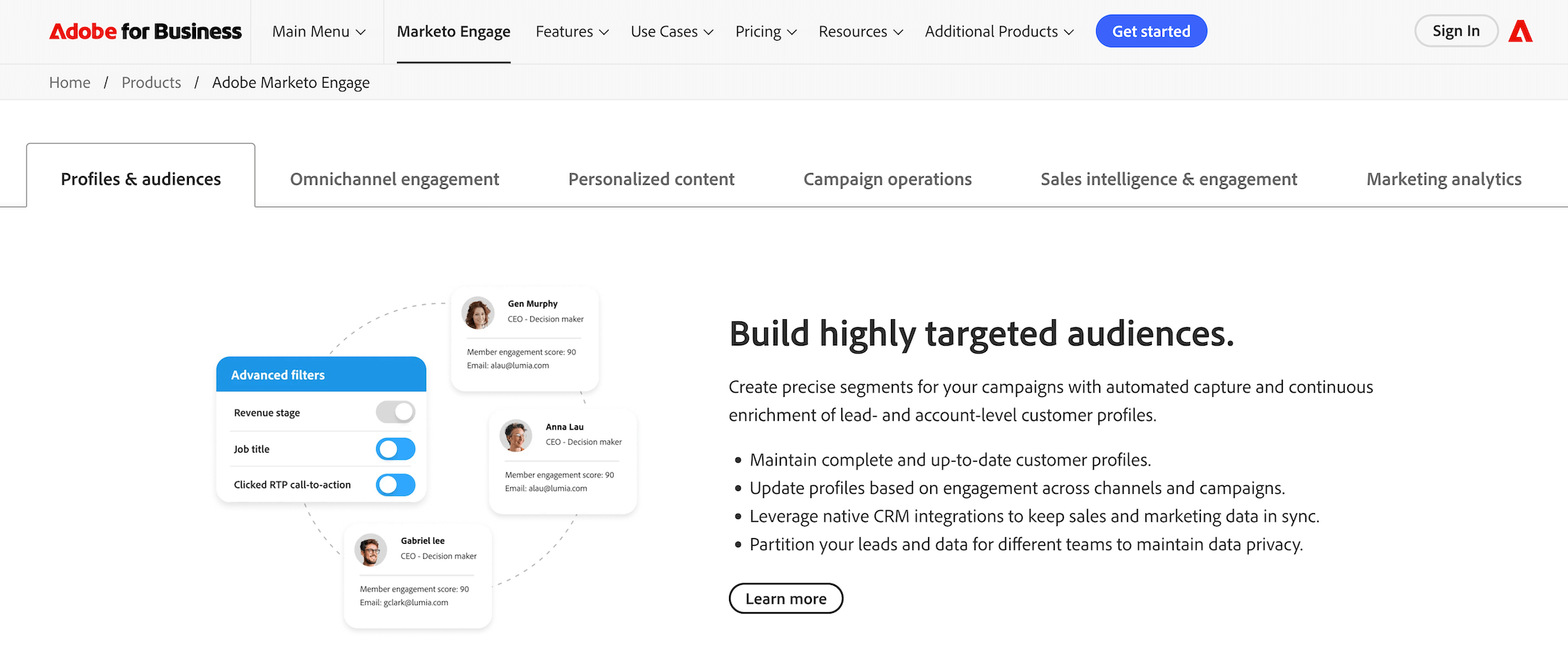 Adobe Marketo Engage landing page: Build highly targeted audiences.