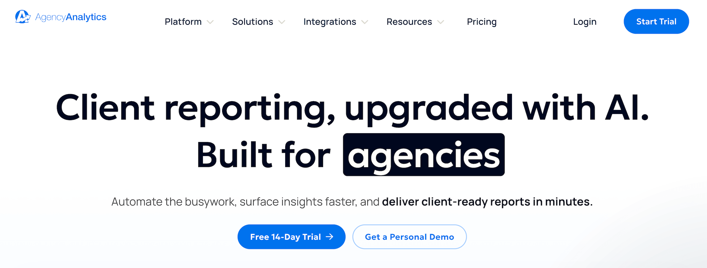 AgencyAnalytics homepage: Automated Reports, Custom Dashboards, Performance Insights, Client Management