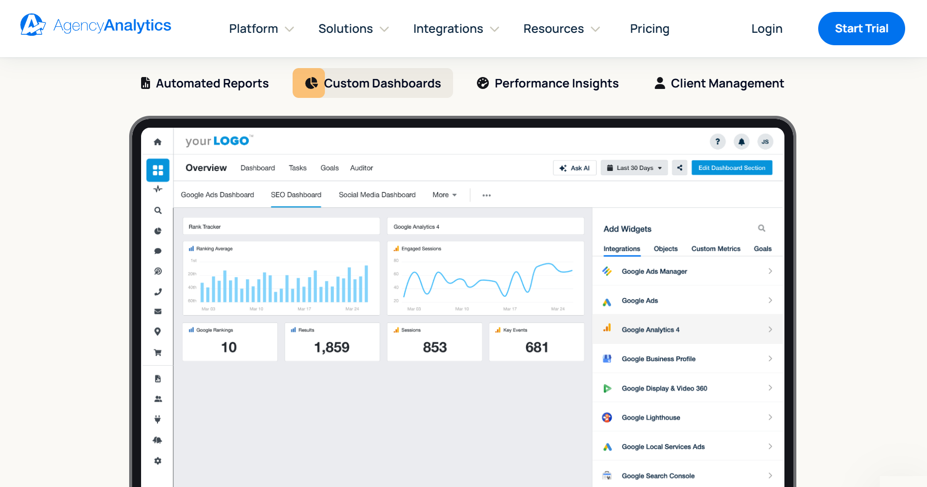 AgencyAnalytics homepage: Automated Reports, Custom Dashboards, Performance Insights, Client Management