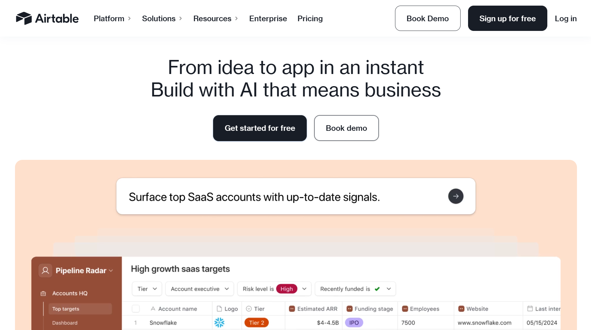 Airtable homepage: From idea to app in an instant
