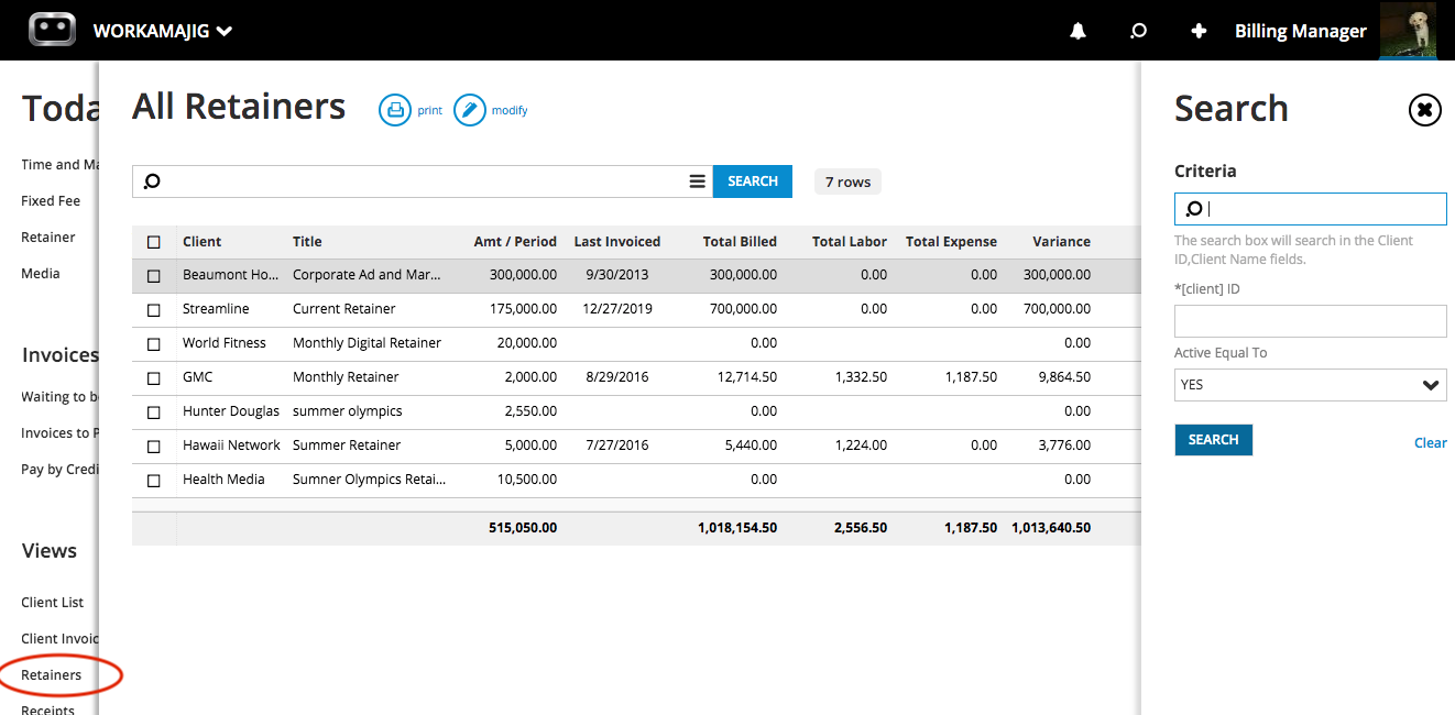 All Retainers: Client, Title, Amount