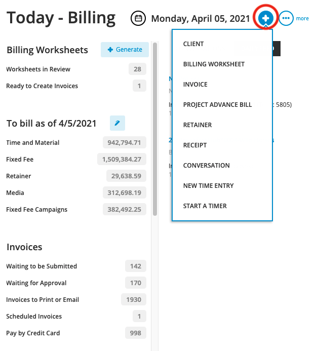 Today - Billing: Quick Actions (Client, Billing, Invoice, Project, Retainer, Receipt Conversation, Time Entry, Timer)