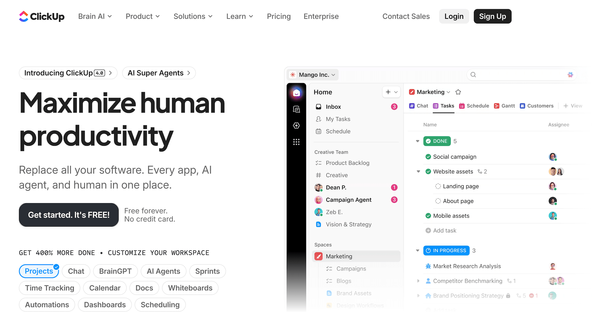 ClickUp homepage: Maximize human productivity