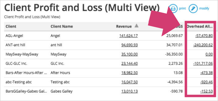 Client Profit and Loss (Multi View) Overhead