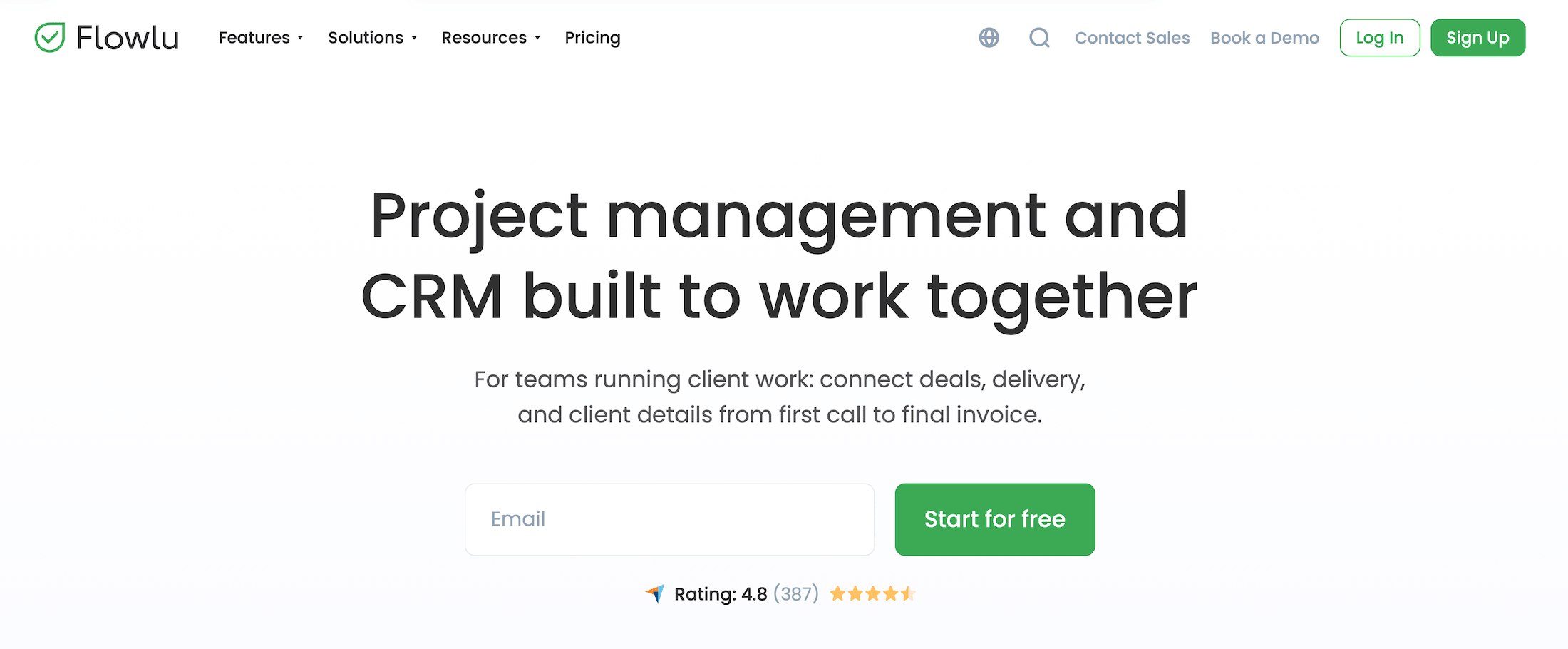 Flowlu homepage: Project management and CRM built to work together