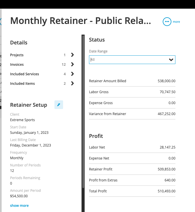 Monthly Retainer - Public Relations: Details and Status