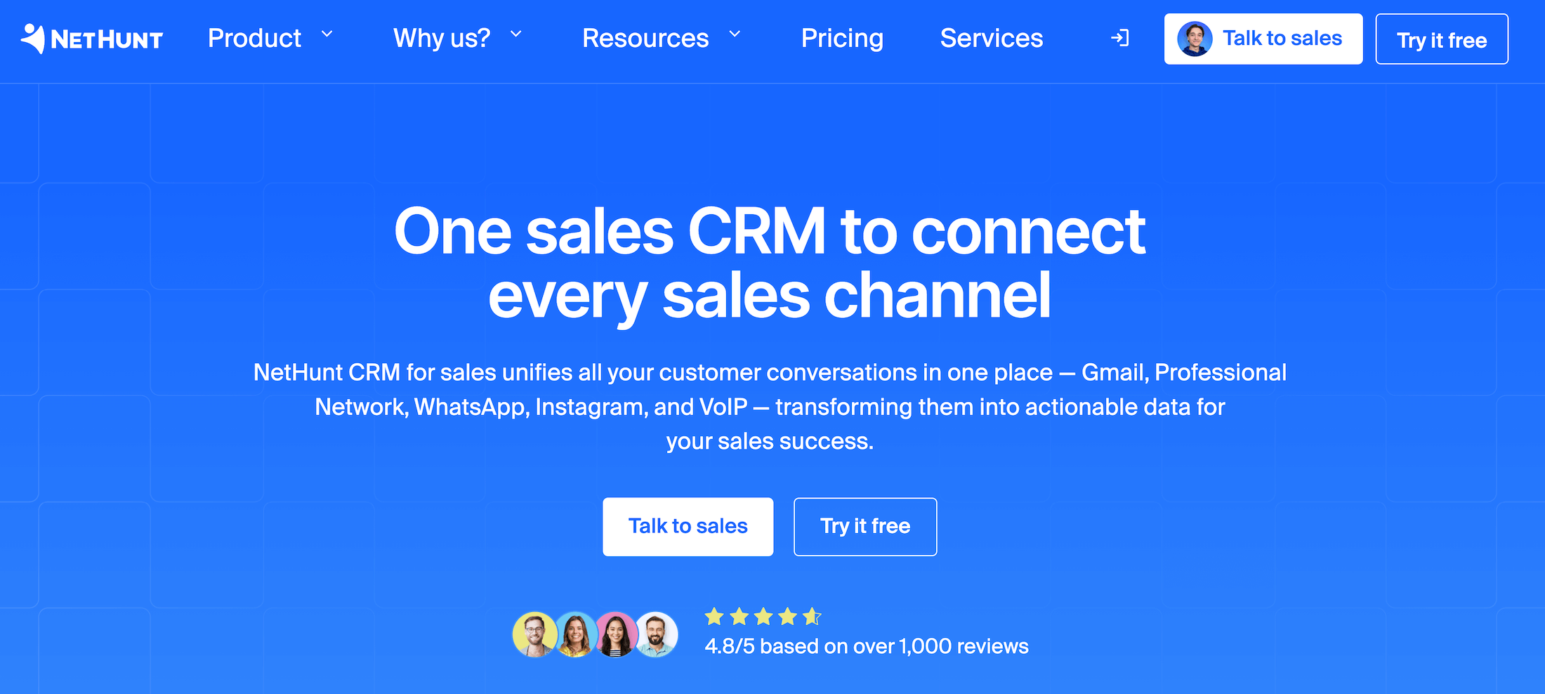 NetHunt CRM homepage: One sales CRM to connect every sales channel