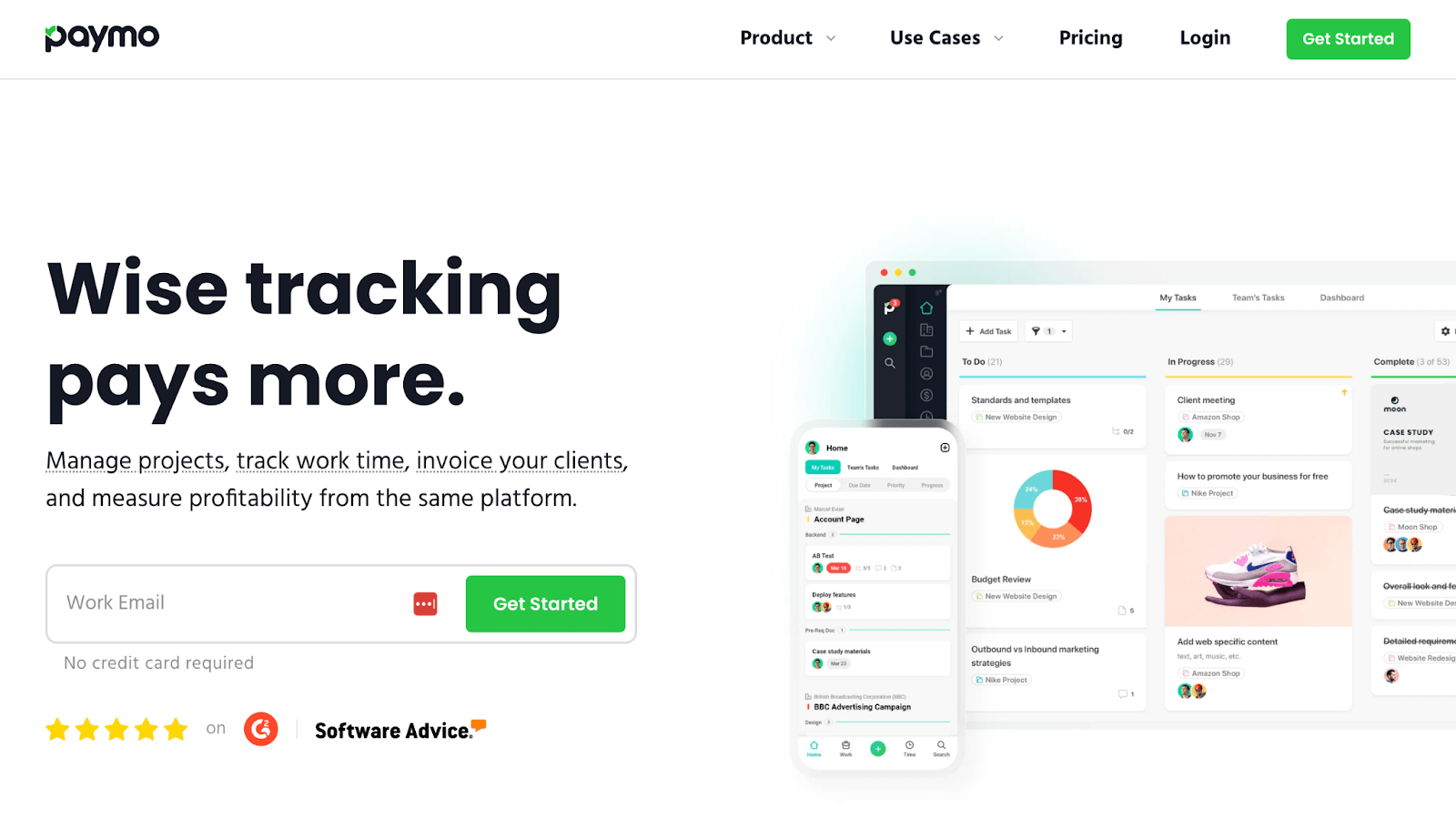 Paymo homepage: Wise tracking pays more.