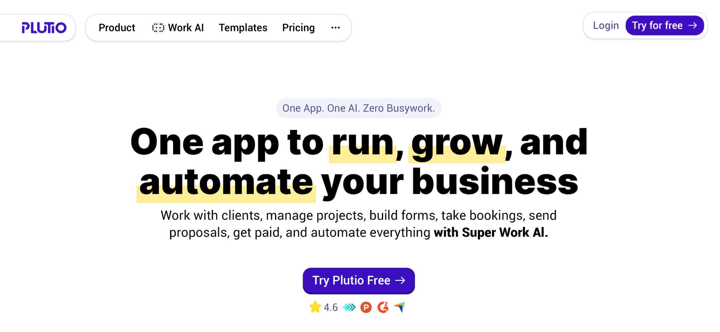 Plutio homepage: One app to run, grow, and automate your business