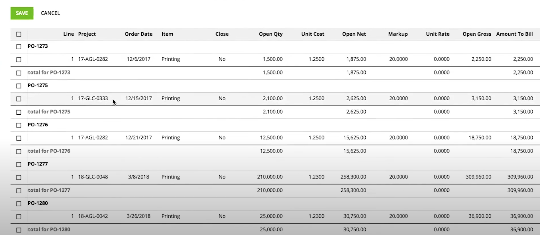 Purchase Order information for a printing company