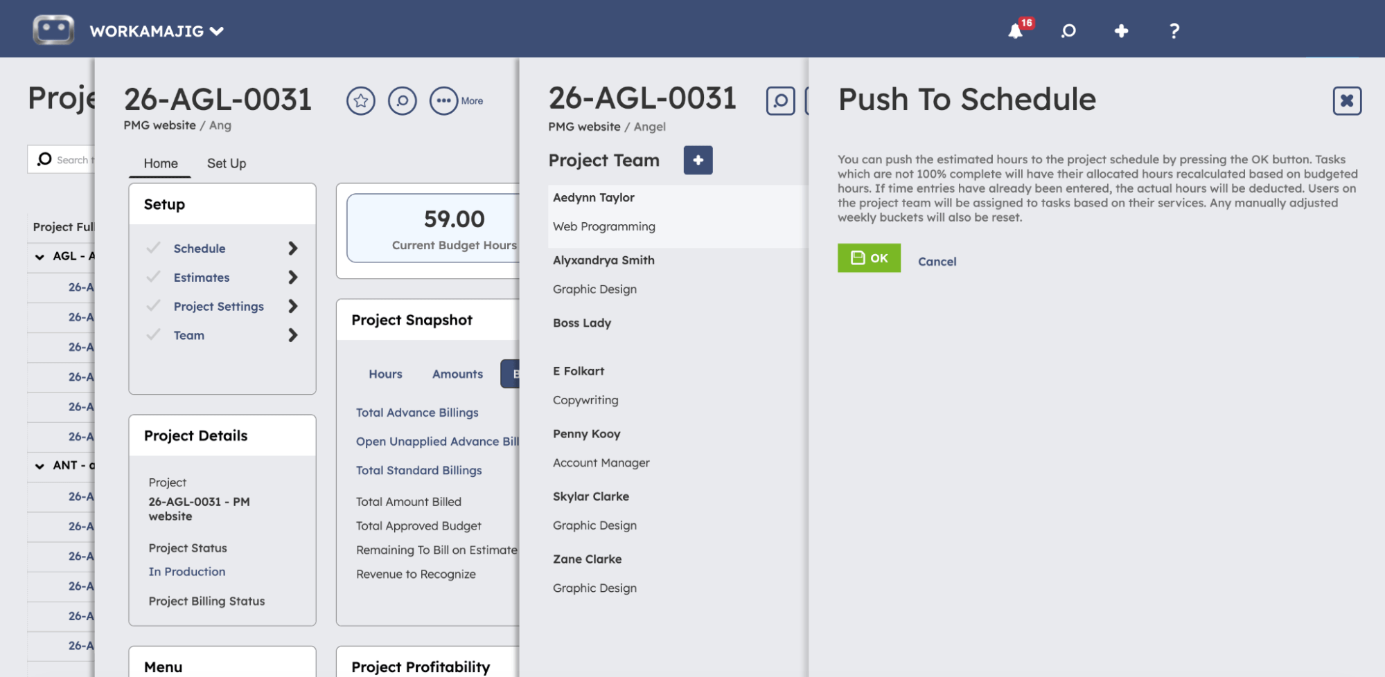 Push to Schedule, Project Team, Setup, Project Details