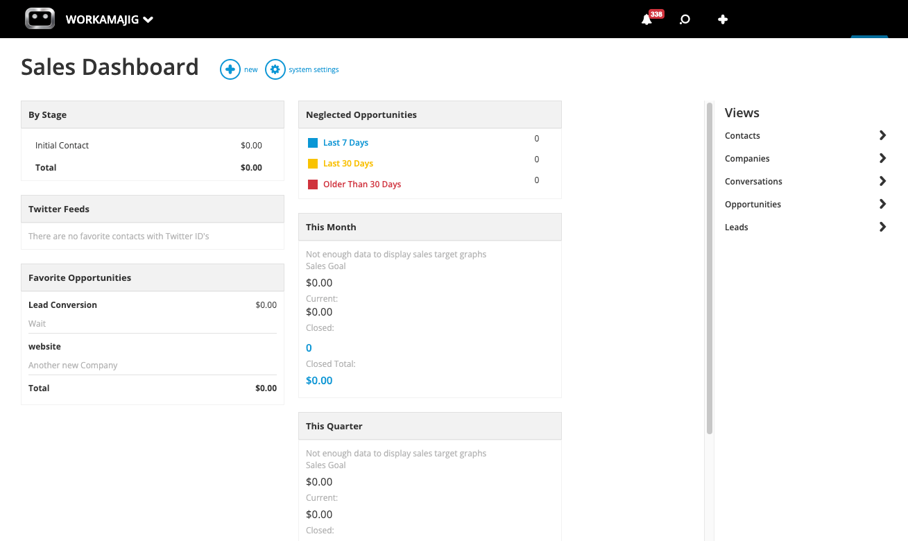 Sales Dashboard: By Stage, Favorite Opportunities, Month, Quarter