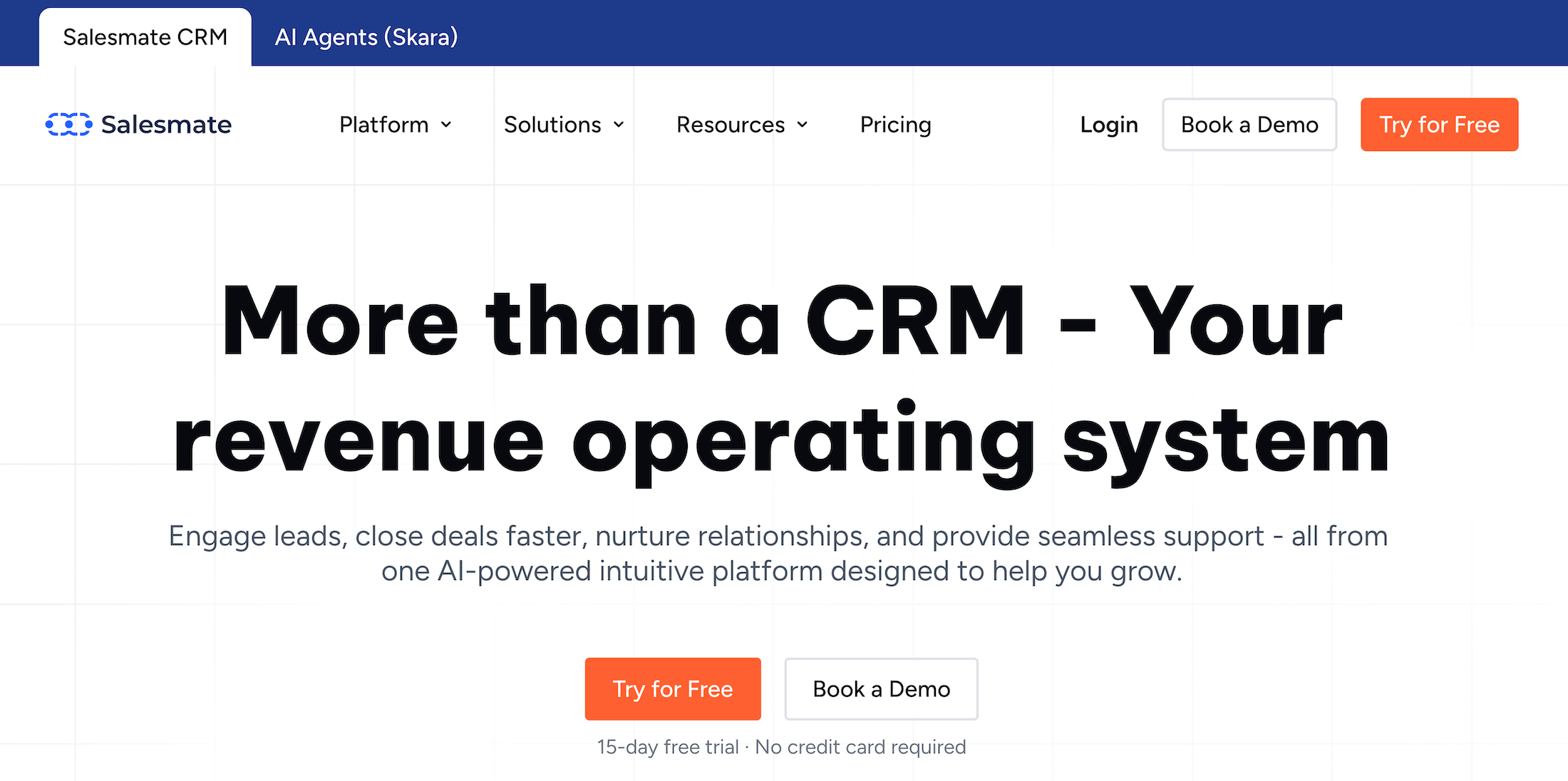 Salesmate CRM homepage: More than a CRM - Your revenue operating system