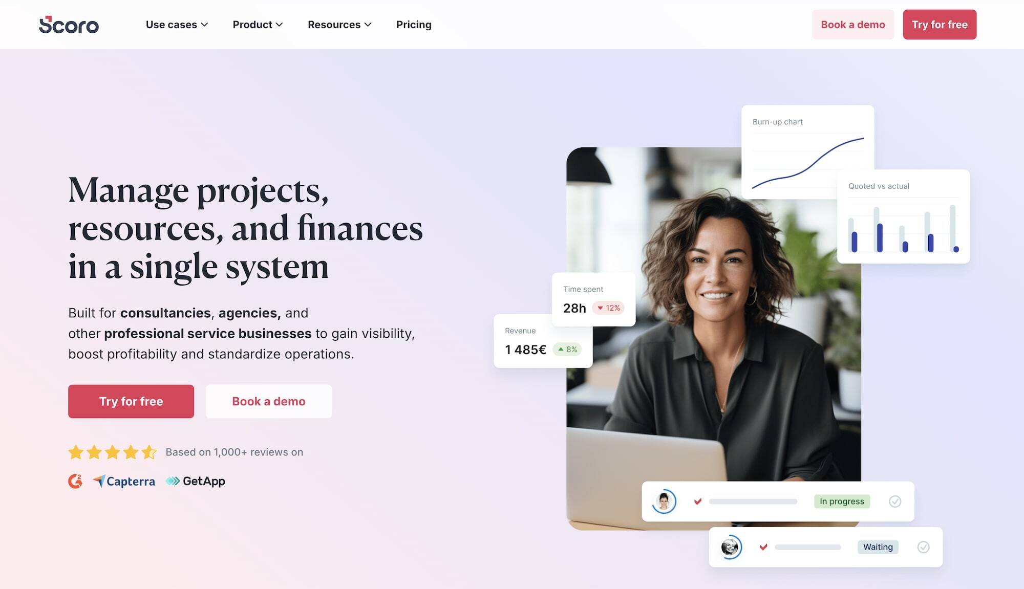 Scoro homepage: Manage projects, resources, and finances in a single system