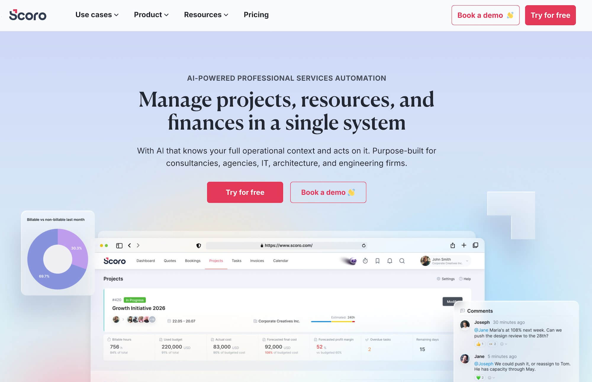 Scoro homepage: Manage projects, resources, and finances in a single system