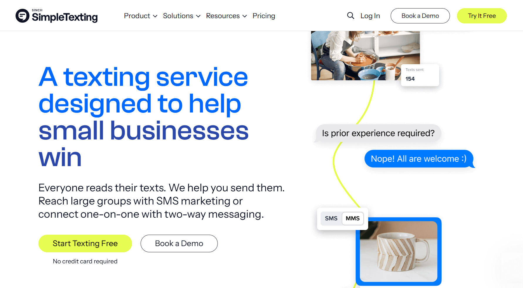SimpleTexting homepage: A texting service designed to help small businesses win