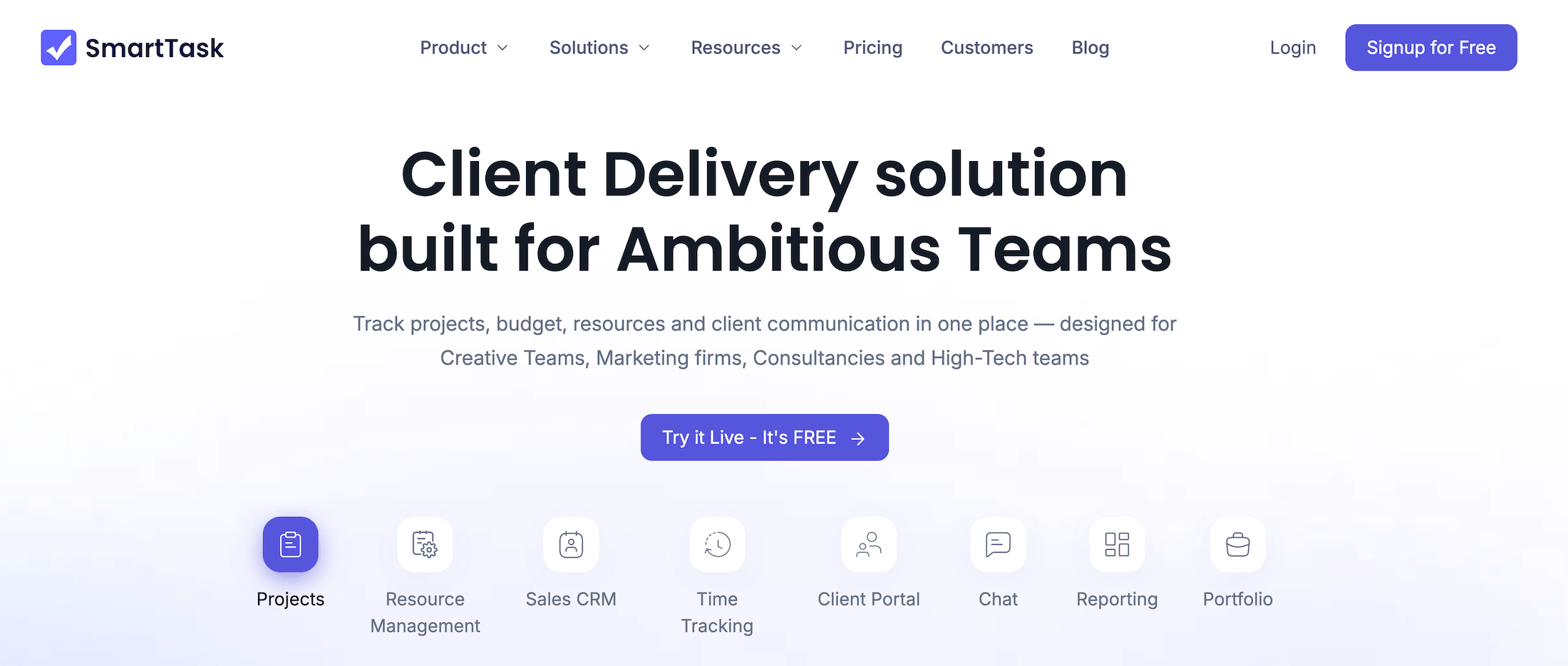 SmartTask homepage: Client Delivery Solution Built for Ambitious Teams