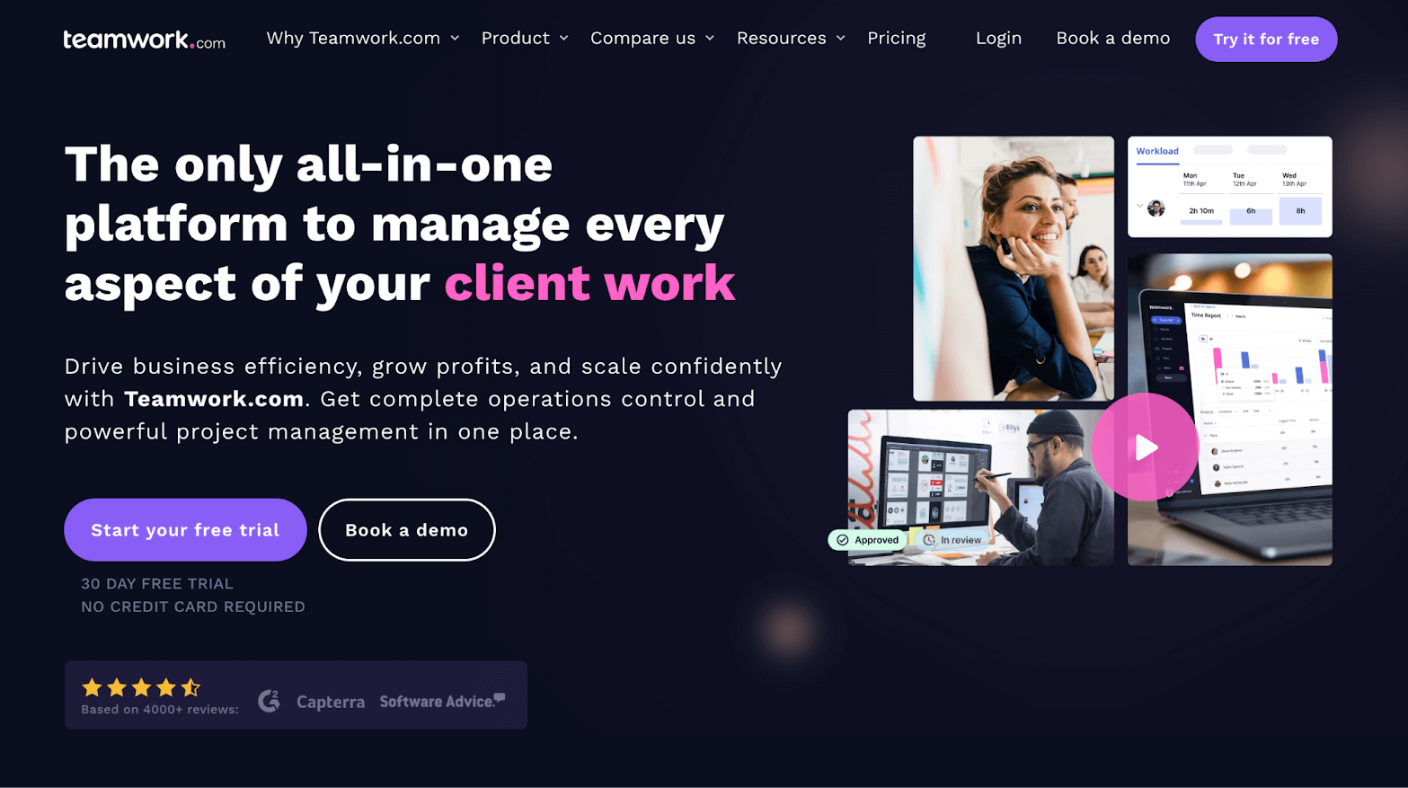 Teamwork.com homepage: The only all-in-one platform to manage every aspect of your client work
