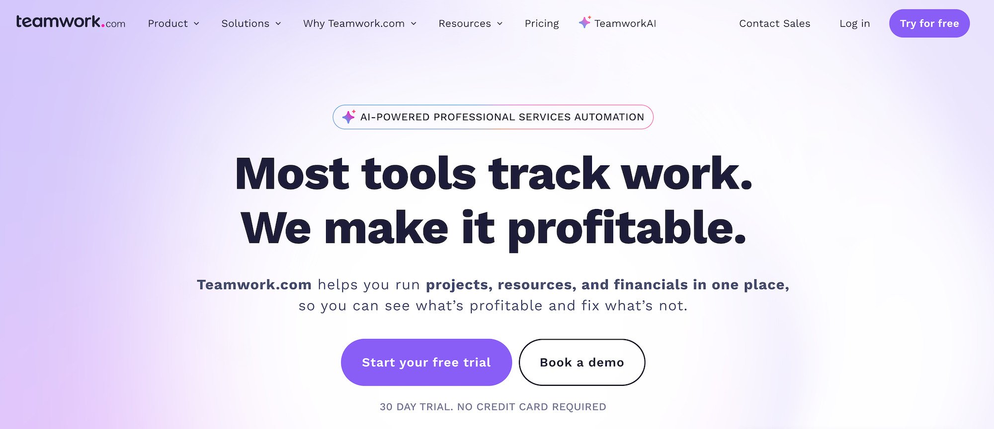 Teamwork homepage: Most tools track work. We make it profitable.