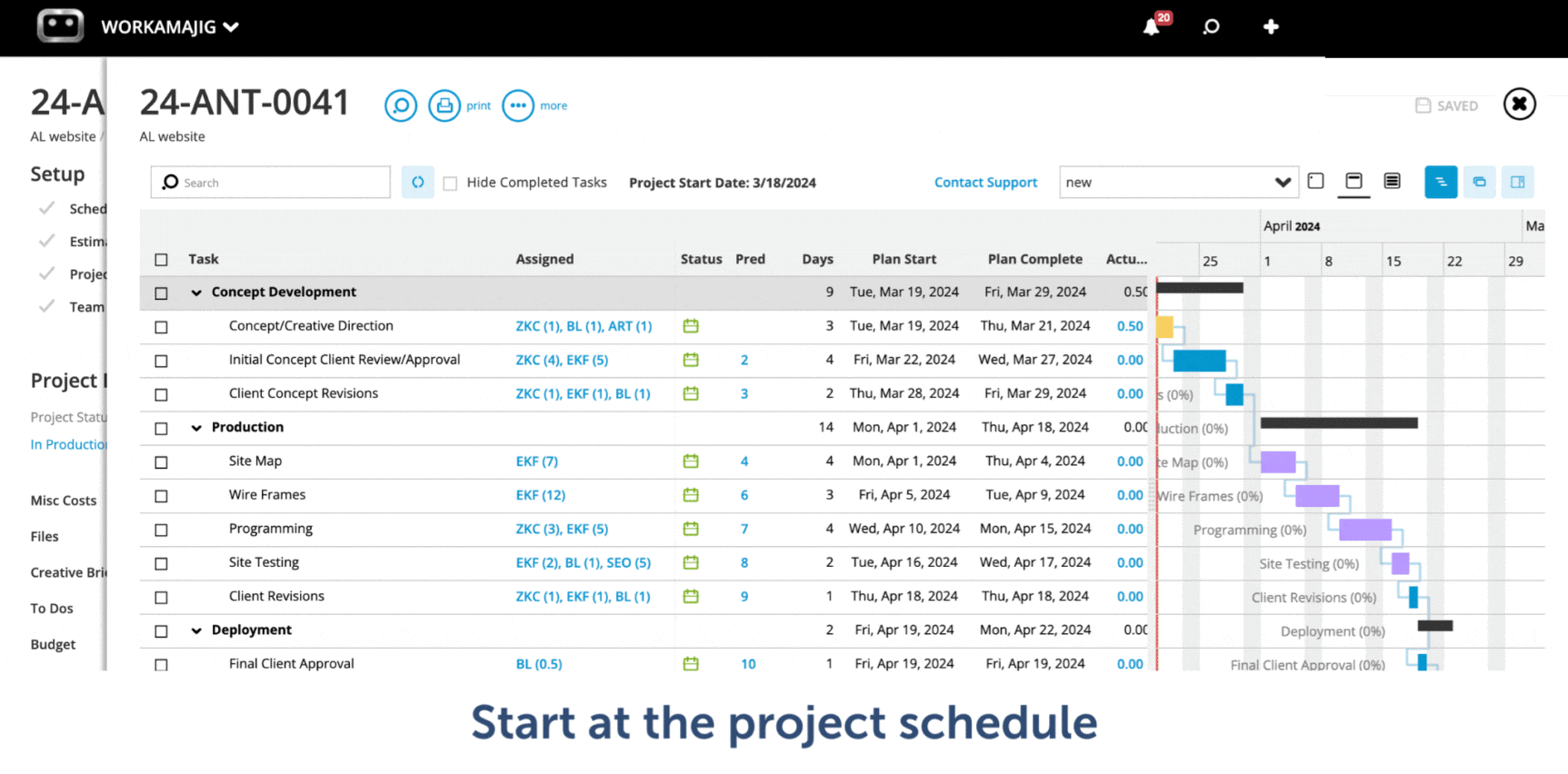 Workamajig Dashboard: Start at the project schedule, Allocate hours & set start dates for individual tasks & revisions [GIF]