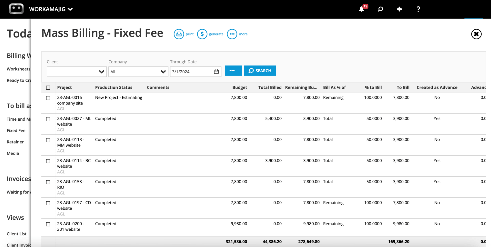 Workamajig: Mass Billing - Fixed Fee (Project, Budget, Status)