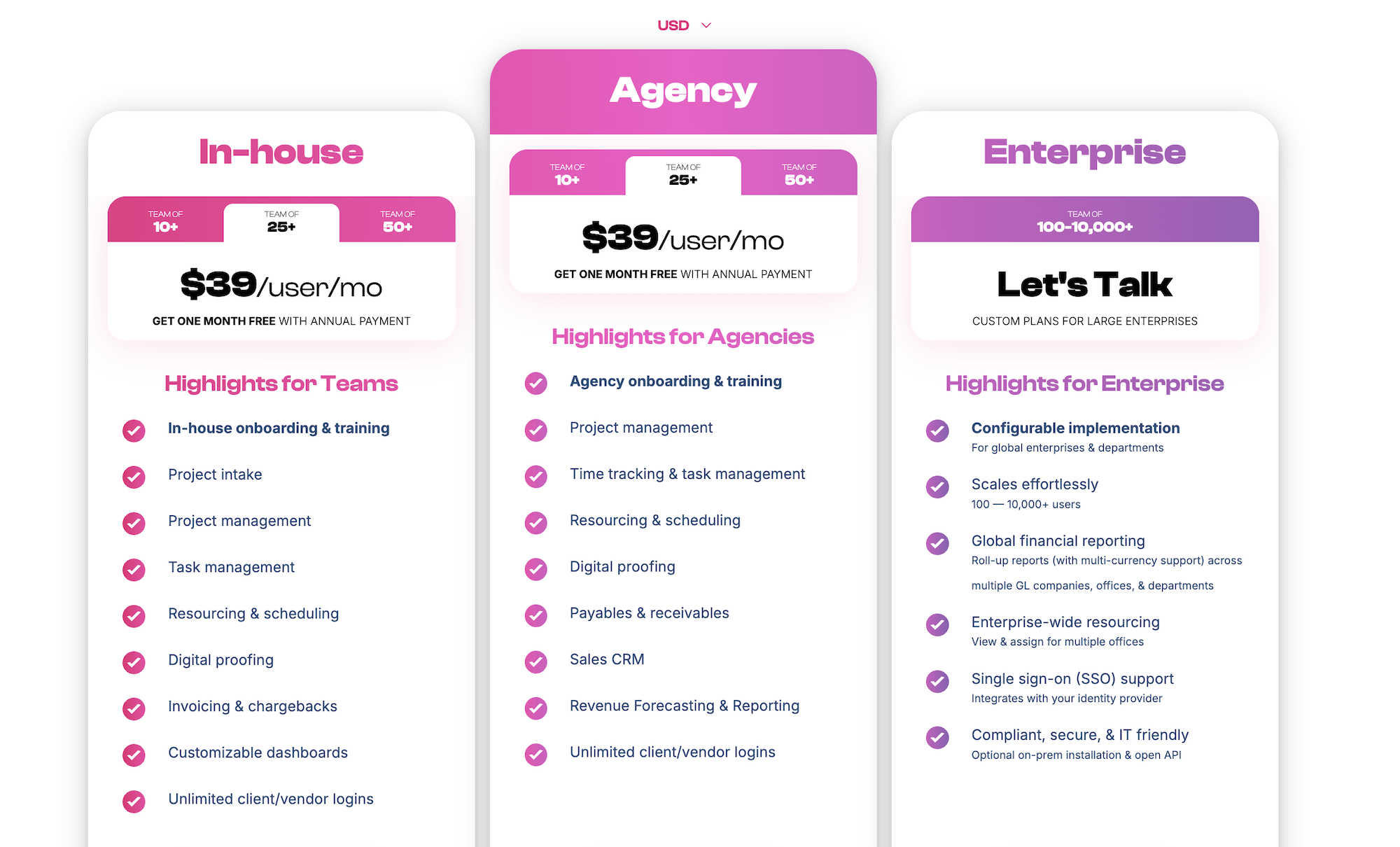 Workamajig pricing options: In-house, Agency, and Enterprise
