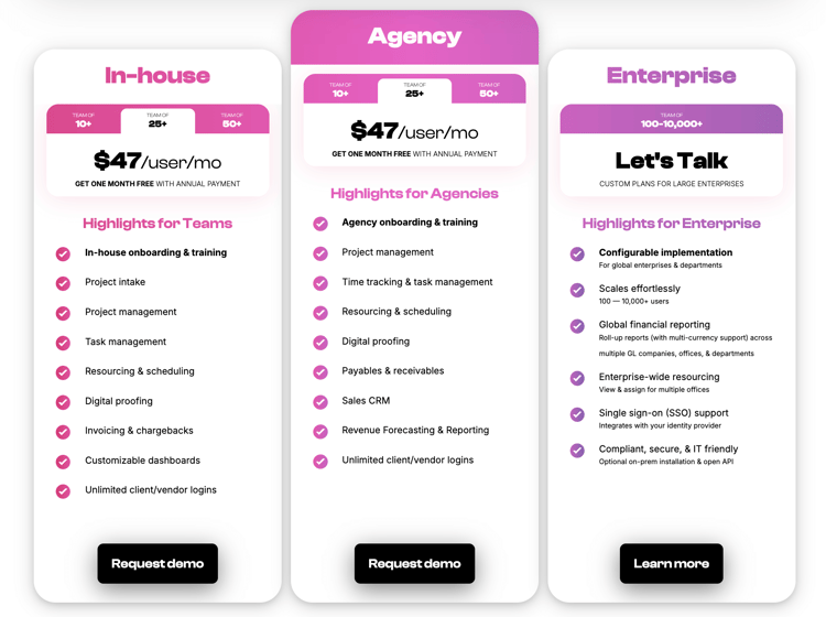 Workamajig pricing options: In-house, Agency, and Enterprise