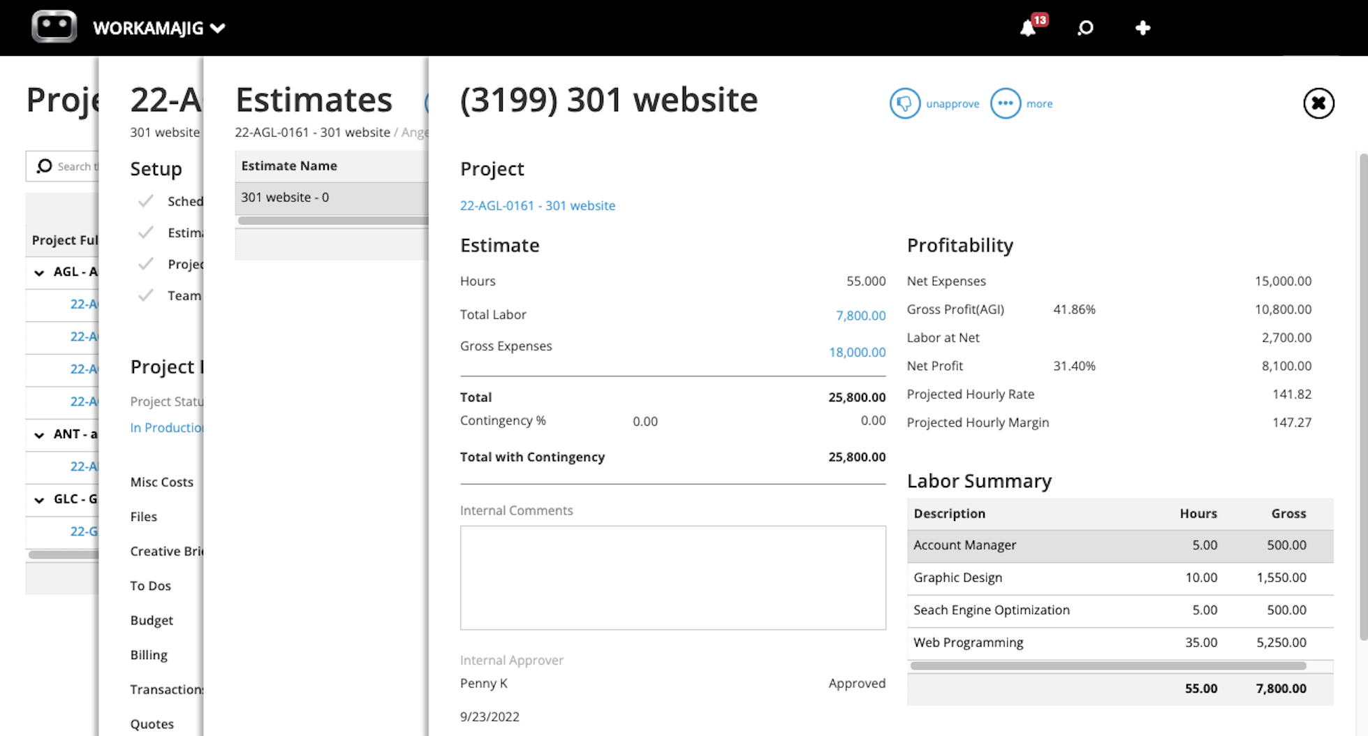 Workamajig Project Estimate Profitability Labor Summary