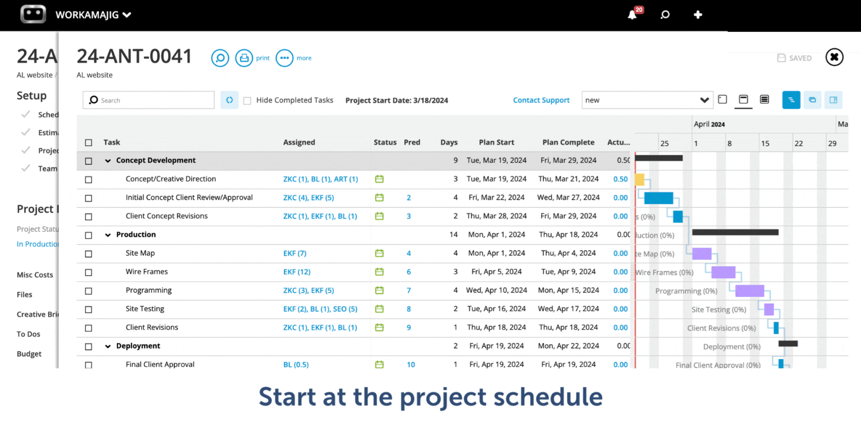 Workamajig Schedule Dashboard: Start at the project schedule, Allocate hours &amp; set start dates for individual tasks &amp; revisions [GIF]