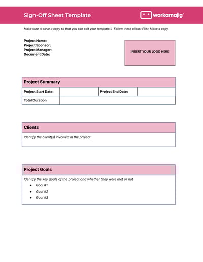 Workamajig Sign-Off Sheet Template