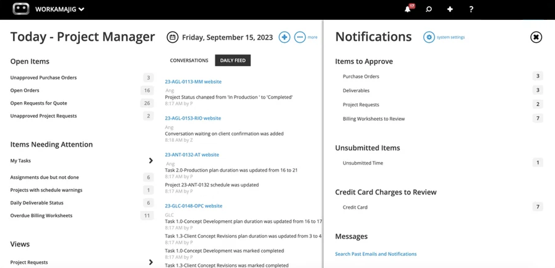 Workamajig Today Project Manager Notifications