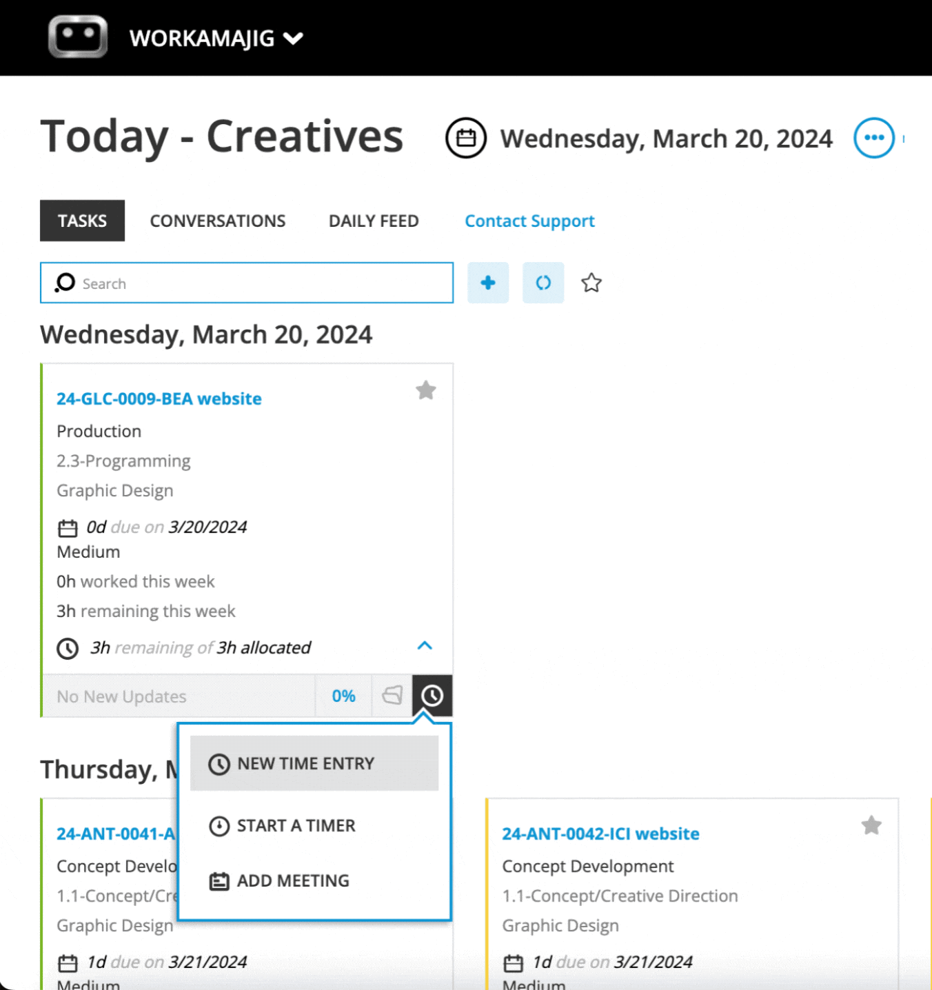 Workamajig dashboard: Today - Creatives - Tasks - New Time Entry for Projects [GIF]